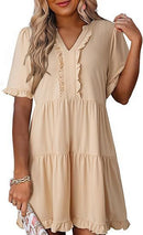 🔥Promoção de Verão 2026: 49% de desconto🌈Vestido feminino casual com decote em V, folhos, corte em A e corte solto