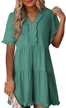 🔥Promoção de Verão 2026: 49% de desconto🌈Vestido feminino casual com decote em V, folhos, corte em A e corte solto