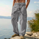 👖 DESCONTO DE 50% POR TEMPO LIMITADO! ✨ Calças cargo de algodão e linho para homem com cordão na cintura – respiráveis, corte descontraído, vários bolsos 🏔️