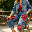 👖 DESCONTO DE 50% POR TEMPO LIMITADO! ✨ Calças de ganga femininas com padrão floral e perna larga – Apliques exclusivos, macias, 6 cores 🌸